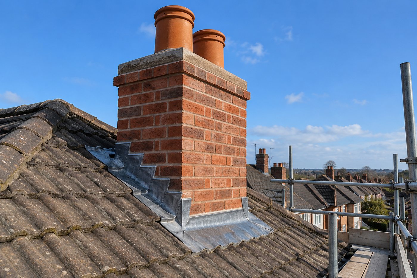 Rebuilt red-brick chimney stack with new clay pots and stepped lead flashing