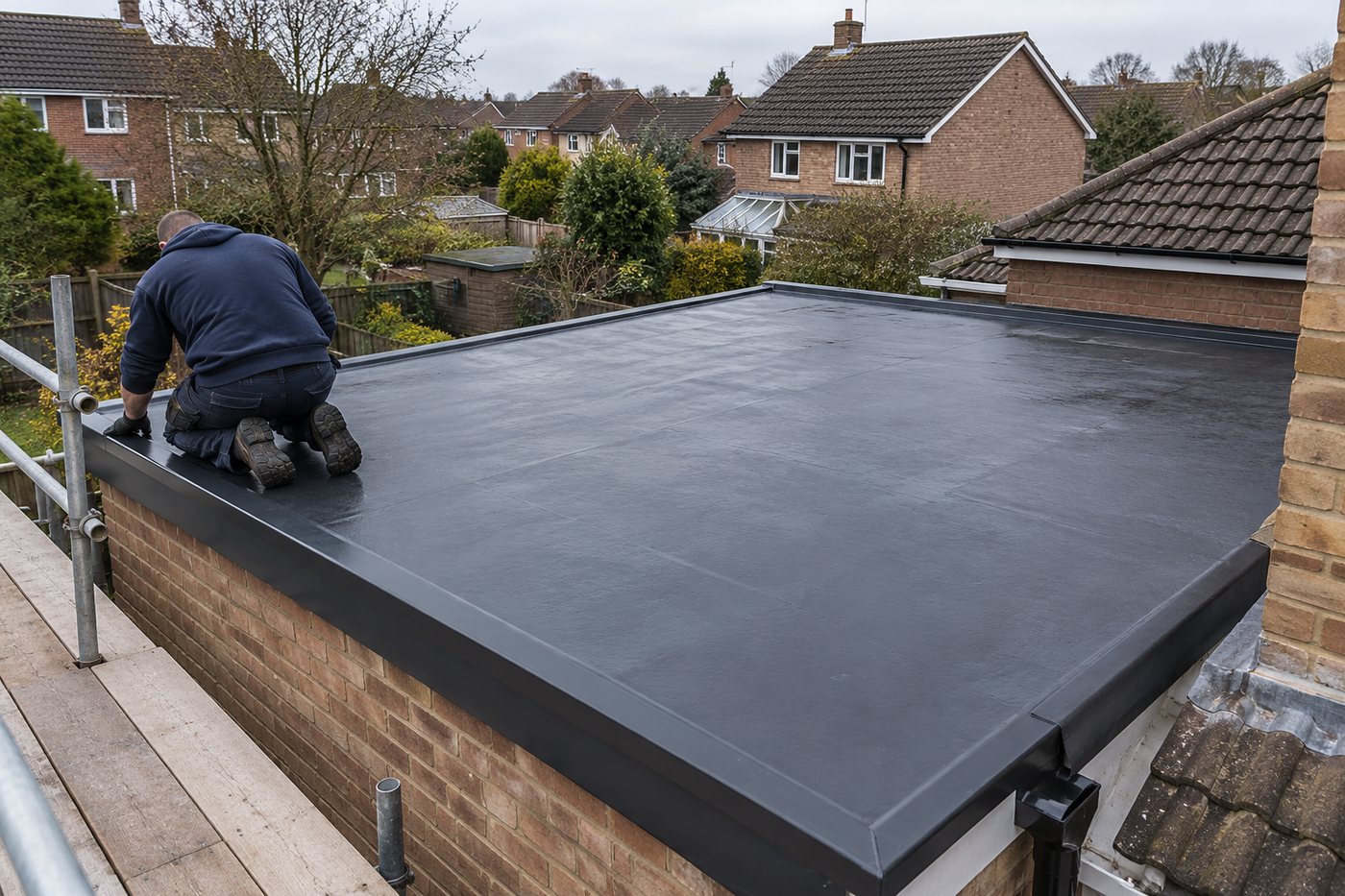 Roofer finishing the edge of a new black EPDM rubber flat roof on a single-storey extension