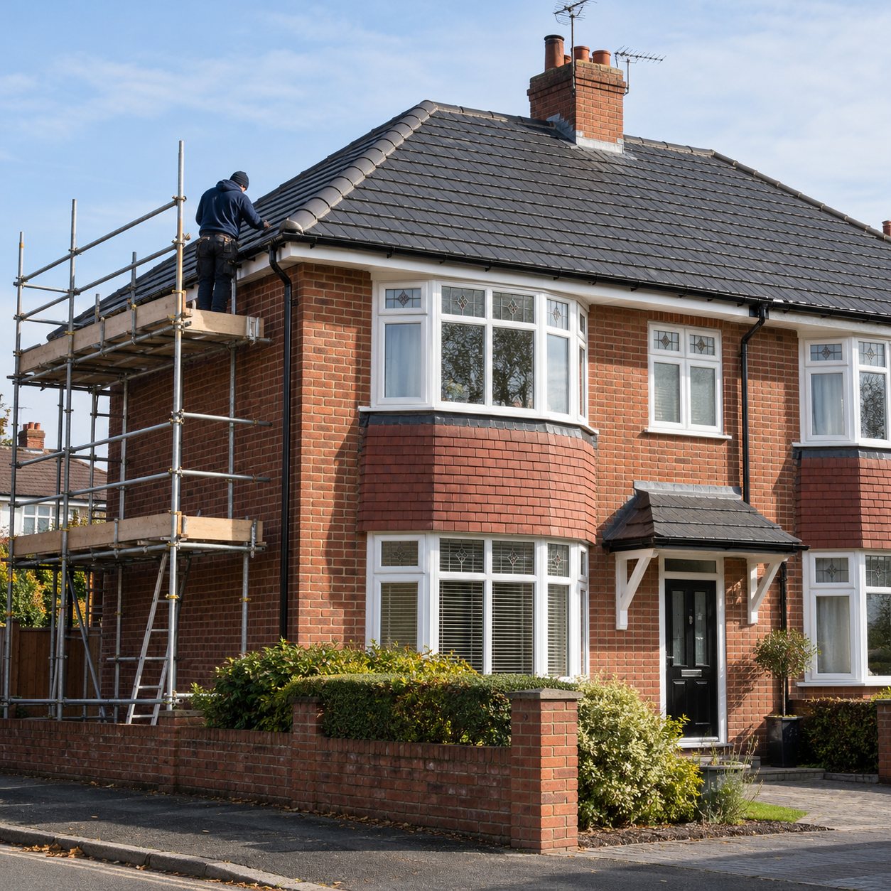Red-brick semi-detached house with a dark grey concrete tiled roof