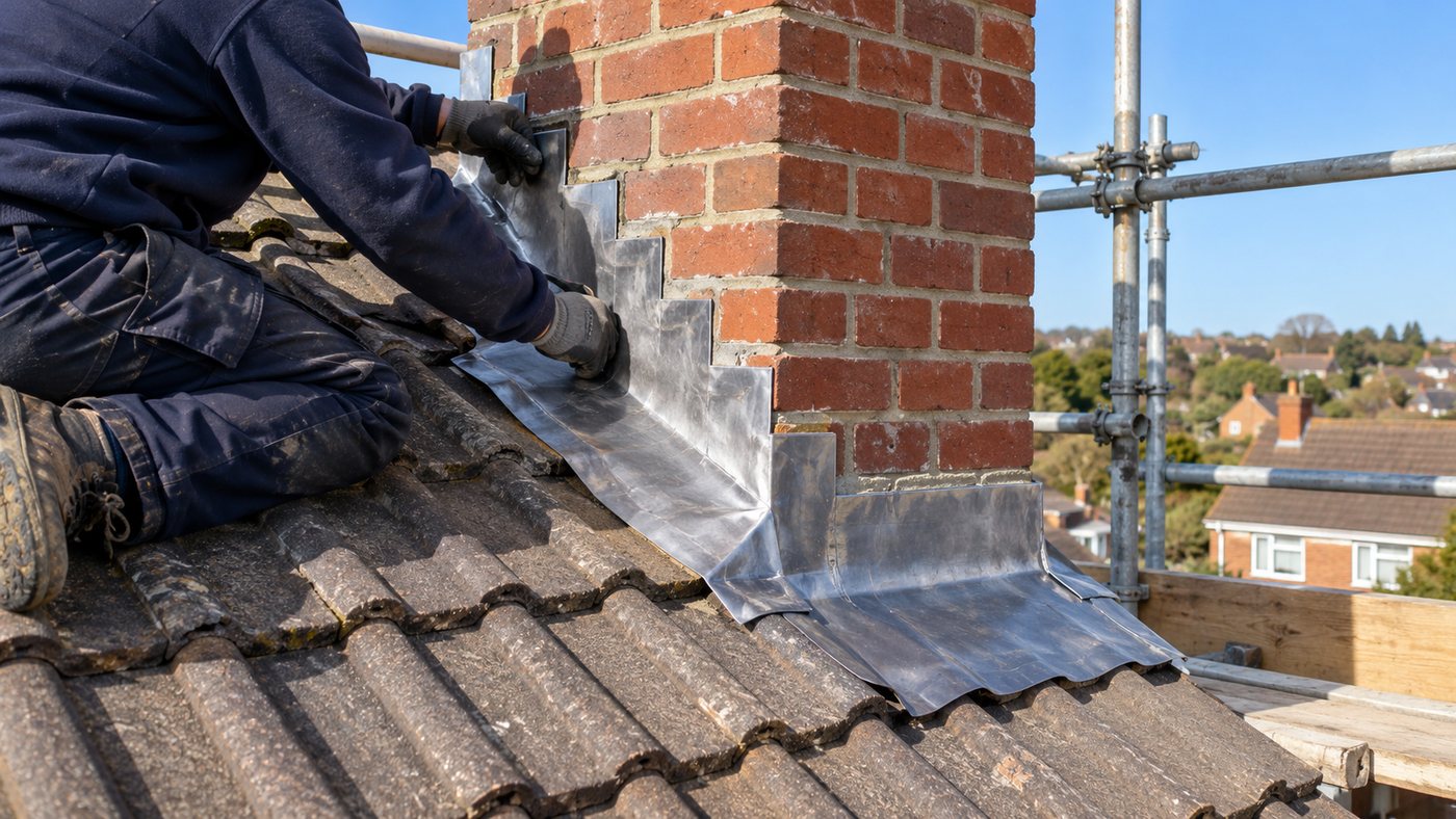 Roofer dressing new lead flashing around a red-brick chimney