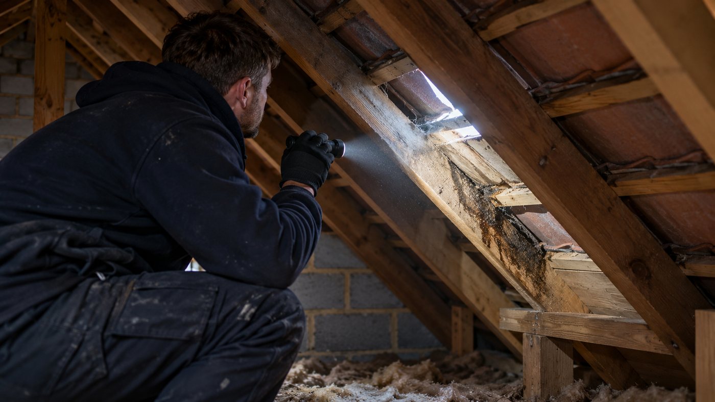 Roofer inspecting a damp, leaking section of roof timber in a loft with a torch