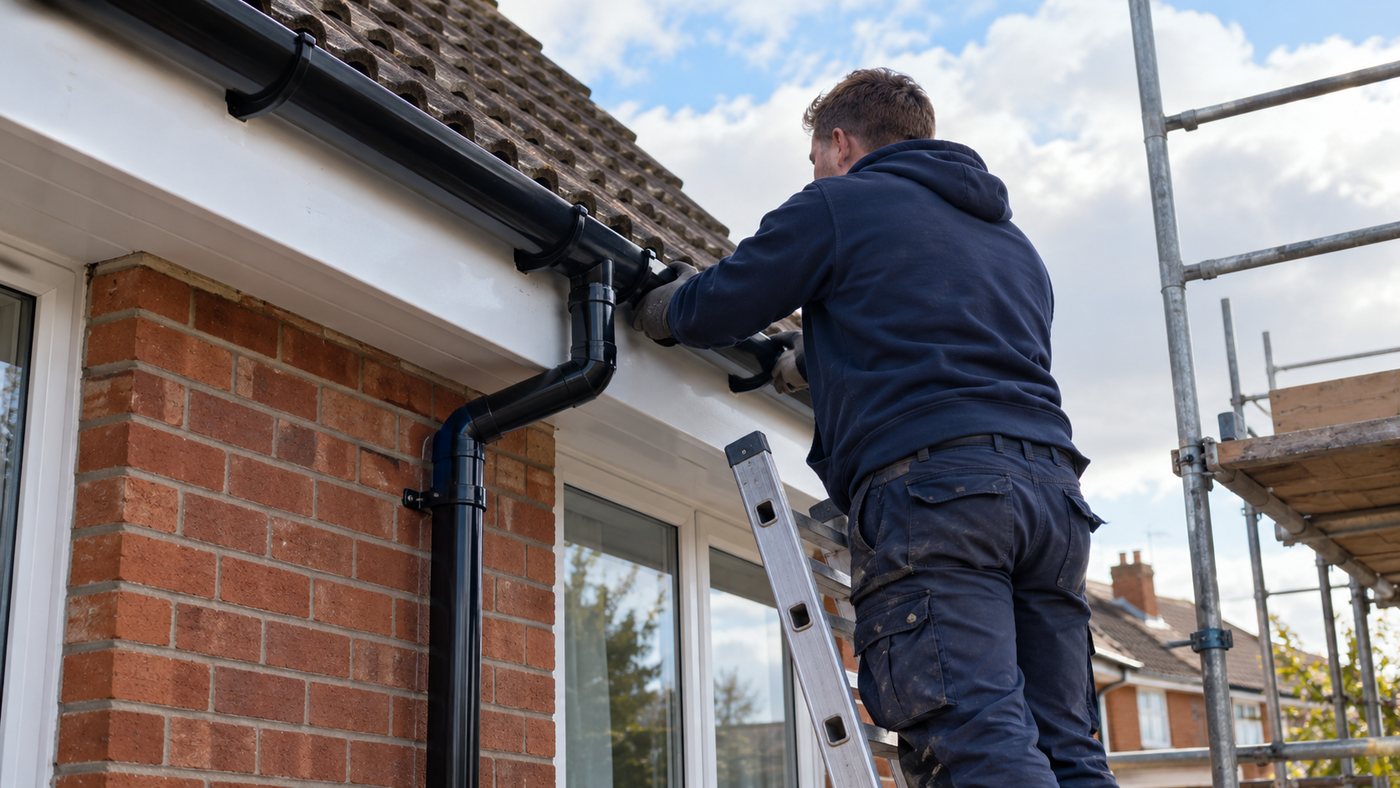 Roofer on a ladder fitting new black guttering and a downpipe