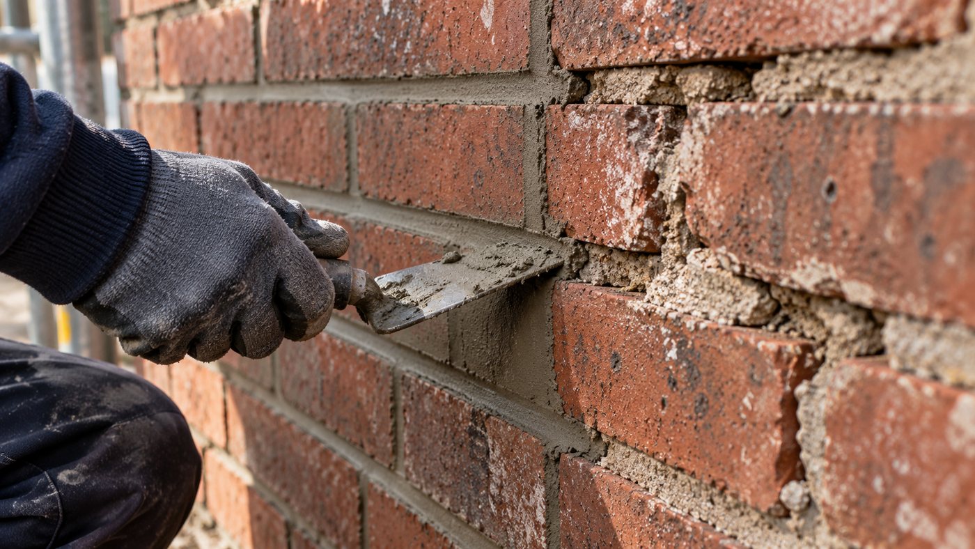 Pointing trowel pressing fresh mortar into old red brickwork